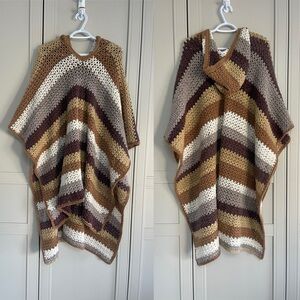 Hand Crochet Striped Cottagecore Boho Folk Hooded Poncho